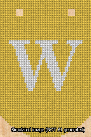 A simulated image of the stitched needlepoint design: Banner 13m Curved W White on Yellow. Not A.I. generated.