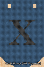 A simulated image of the stitched needlepoint design: Banner 13m Curved X Black on Blue. Not A.I. generated.