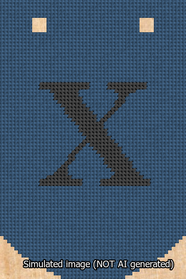 A simulated image of the stitched needlepoint design: Banner 13m Curved X Black on Blue. Not A.I. generated.