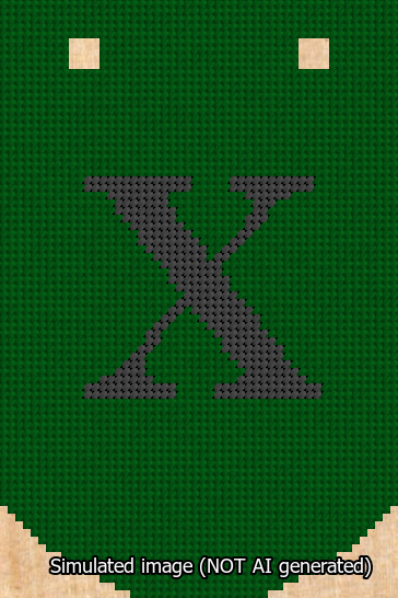 A simulated image of the stitched needlepoint design: Banner 13m Curved X Black on Green. Not A.I. generated.