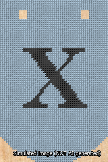 A simulated image of the stitched needlepoint design: Banner 13m Curved X Black on Light Blue. Not A.I. generated.