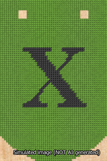A simulated image of the stitched needlepoint design: Banner 13m Curved X Black on Light Green. Not A.I. generated.