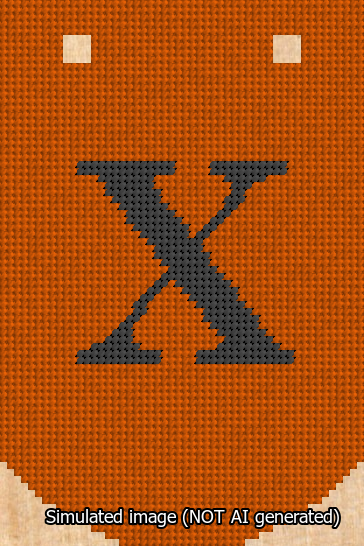 A simulated image of the stitched needlepoint design: Banner 13m Curved X Black on Orange. Not A.I. generated.