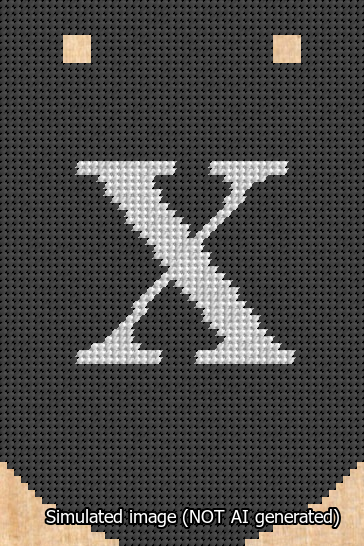 A simulated image of the stitched needlepoint design: Banner 13m Curved X White on Black. Not A.I. generated.