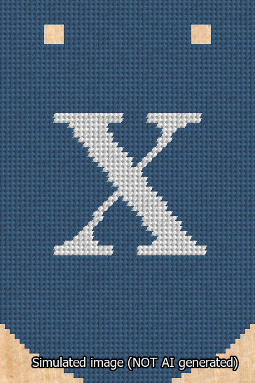 A simulated image of the stitched needlepoint design: Banner 13m Curved X White on Blue. Not A.I. generated.
