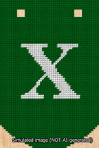 A simulated image of the stitched needlepoint design: Banner 13m Curved X White on Green. Not A.I. generated.