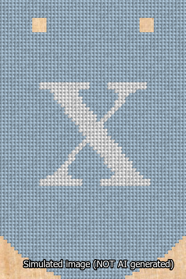 A simulated image of the stitched needlepoint design: Banner 13m Curved X White on Light Blue. Not A.I. generated.