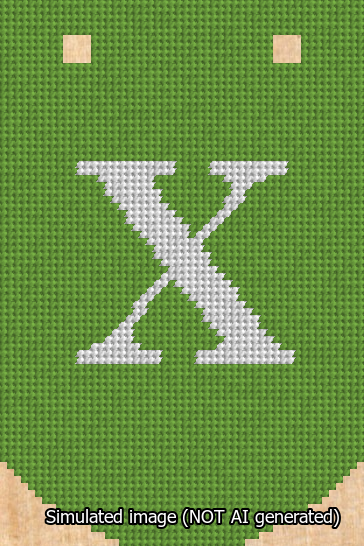 A simulated image of the stitched needlepoint design: Banner 13m Curved X White on Light Green. Not A.I. generated.
