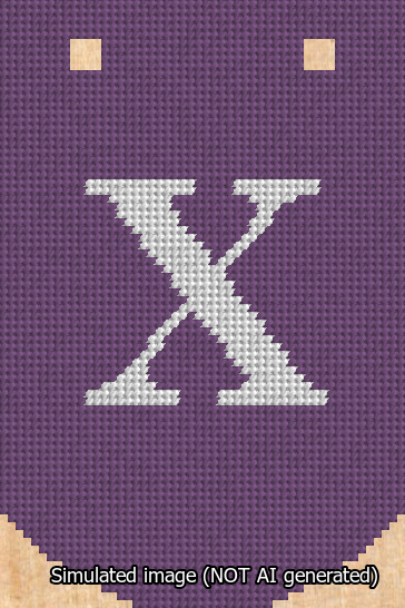 A simulated image of the stitched needlepoint design: Banner 13m Curved X White on Purple. Not A.I. generated.