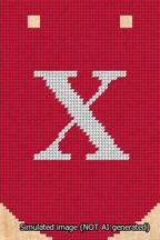 A simulated image of the stitched needlepoint design: Banner 13m Curved X White on Red. Not A.I. generated.