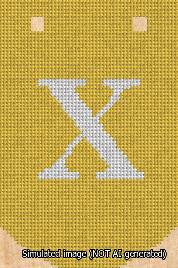 A simulated image of the stitched needlepoint design: Banner 13m Curved X White on Yellow. Not A.I. generated.