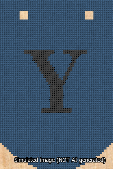 A simulated image of the stitched needlepoint design: Banner 13m Curved Y Black on Blue. Not A.I. generated.