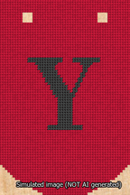 A simulated image of the stitched needlepoint design: Banner 13m Curved Y Black on Red. Not A.I. generated.
