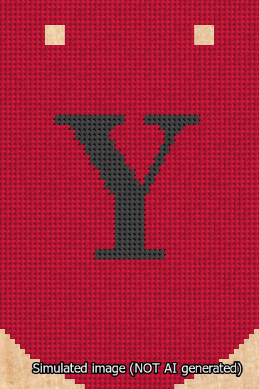 A simulated image of the stitched needlepoint design: Banner 13m Curved Y Black on Red. Not A.I. generated.