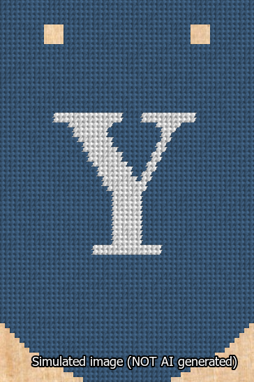 A simulated image of the stitched needlepoint design: Banner 13m Curved Y White on Blue. Not A.I. generated.