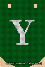 A simulated image of the stitched needlepoint design: Banner 13m Curved Y White on Green. Not A.I. generated.
