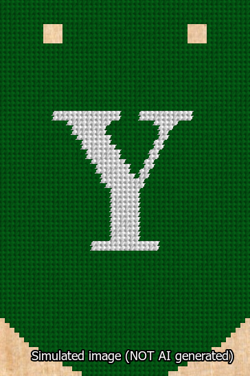 A simulated image of the stitched needlepoint design: Banner 13m Curved Y White on Green. Not A.I. generated.