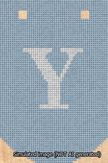 A simulated image of the stitched needlepoint design: Banner 13m Curved Y White on Light Blue. Not A.I. generated.