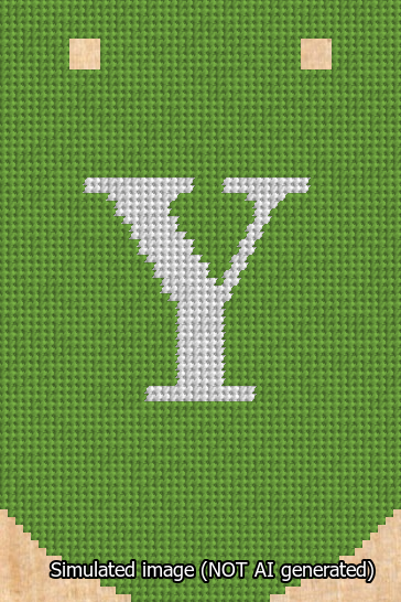 A simulated image of the stitched needlepoint design: Banner 13m Curved Y White on Light Green. Not A.I. generated.
