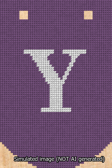 A simulated image of the stitched needlepoint design: Banner 13m Curved Y White on Purple. Not A.I. generated.