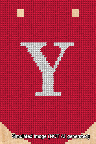 A simulated image of the stitched needlepoint design: Banner 13m Curved Y White on Red. Not A.I. generated.