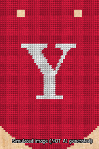 A simulated image of the stitched needlepoint design: Banner 13m Curved Y White on Red. Not A.I. generated.
