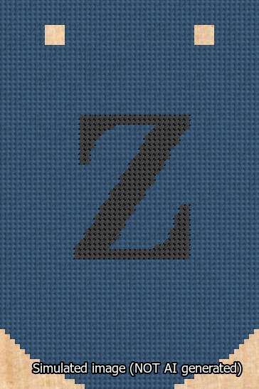 A simulated image of the stitched needlepoint design: Banner 13m Curved Z Black on Blue. Not A.I. generated.