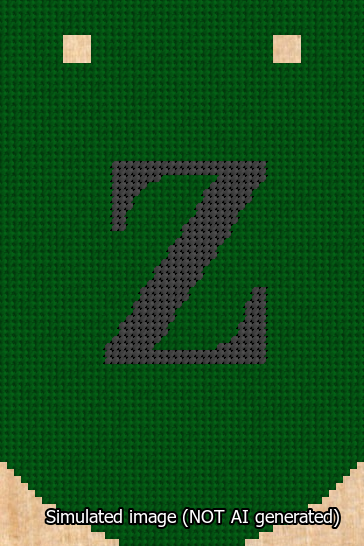 A simulated image of the stitched needlepoint design: Banner 13m Curved Z Black on Green. Not A.I. generated.