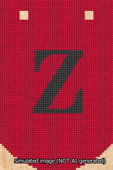 A simulated image of the stitched needlepoint design: Banner 13m Curved Z Black on Red. Not A.I. generated.