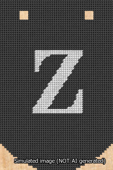 A simulated image of the stitched needlepoint design: Banner 13m Curved Z White on Black. Not A.I. generated.