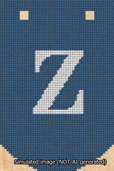 A simulated image of the stitched needlepoint design: Banner 13m Curved Z White on Blue. Not A.I. generated.