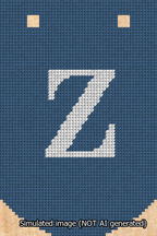 A simulated image of the stitched needlepoint design: Banner 13m Curved Z White on Blue. Not A.I. generated.