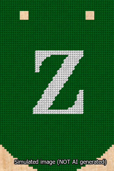A simulated image of the stitched needlepoint design: Banner 13m Curved Z White on Green. Not A.I. generated.
