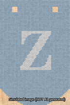A simulated image of the stitched needlepoint design: Banner 13m Curved Z White on Light Blue. Not A.I. generated.