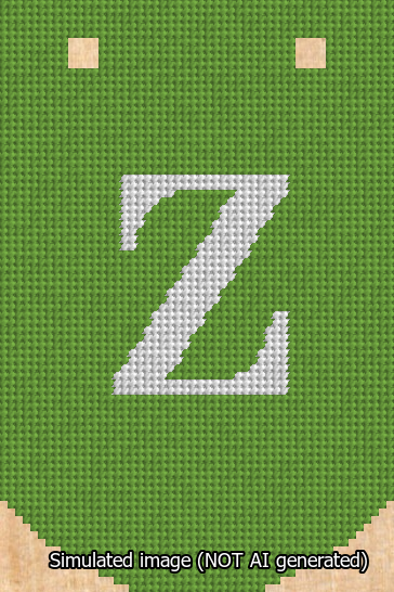 A simulated image of the stitched needlepoint design: Banner 13m Curved Z White on Light Green. Not A.I. generated.