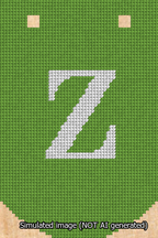 A simulated image of the stitched needlepoint design: Banner 13m Curved Z White on Light Green. Not A.I. generated.