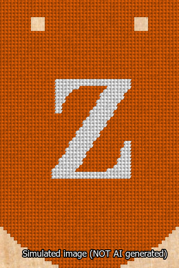 A simulated image of the stitched needlepoint design: Banner 13m Curved Z White on Orange. Not A.I. generated.