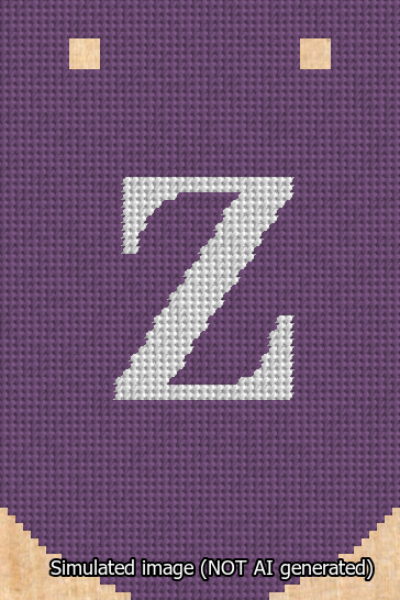 A simulated image of the stitched needlepoint design: Banner 13m Curved Z White on Purple. Not A.I. generated.