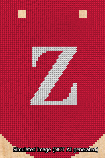 A simulated image of the stitched needlepoint design: Banner 13m Curved Z White on Red. Not A.I. generated.