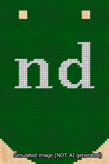 A simulated image of the stitched needlepoint design: Banner 13m Curved nd White on Green. Not A.I. generated.