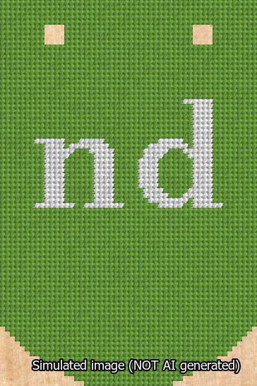 A simulated image of the stitched needlepoint design: Banner 13m Curved nd White on Light Green. Not A.I. generated.