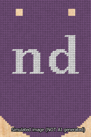 A simulated image of the stitched needlepoint design: Banner 13m Curved nd White on Purple. Not A.I. generated.