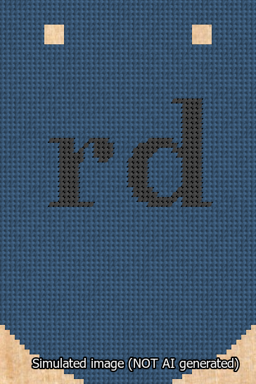 A simulated image of the stitched needlepoint design: Banner 13m Curved rd Black on Blue. Not A.I. generated.