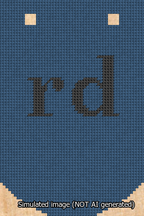 A simulated image of the stitched needlepoint design: Banner 13m Curved rd Black on Blue. Not A.I. generated.