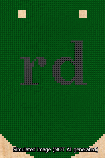 A simulated image of the stitched needlepoint design: Banner 13m Curved rd Black on Green. Not A.I. generated.