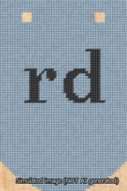 A simulated image of the stitched needlepoint design: Banner 13m Curved rd Black on Light Blue. Not A.I. generated.
