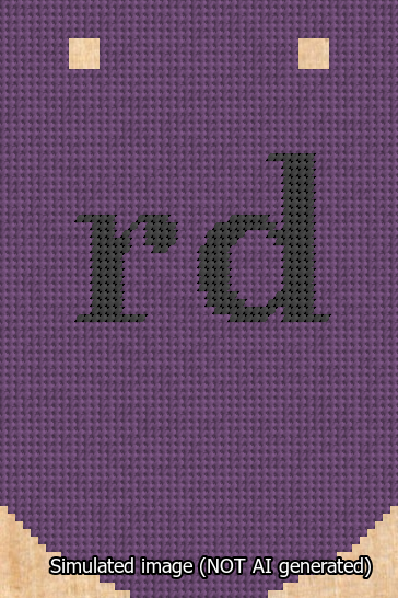 A simulated image of the stitched needlepoint design: Banner 13m Curved rd Black on Purple. Not A.I. generated.