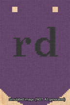 A simulated image of the stitched needlepoint design: Banner 13m Curved rd Black on Purple. Not A.I. generated.
