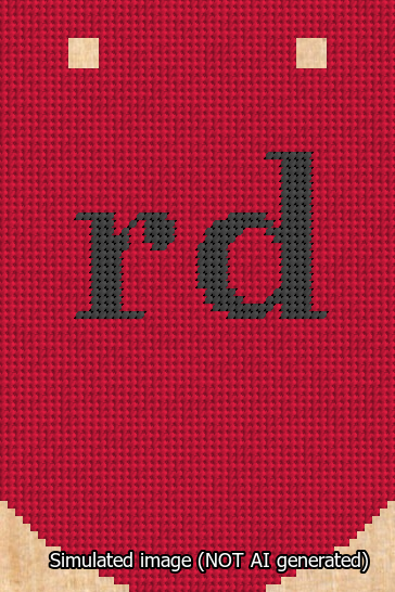 A simulated image of the stitched needlepoint design: Banner 13m Curved rd Black on Red. Not A.I. generated.