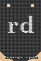A simulated image of the stitched needlepoint design: Banner 13m Curved rd White on Black. Not A.I. generated.